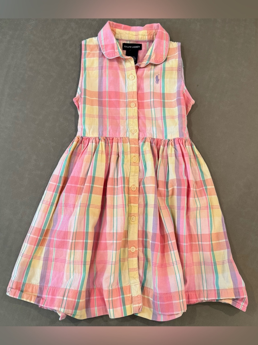Ralph Lauren Girls 4T Madras Plaid Cotton Shirtdress Pastel Pony Tie Waist